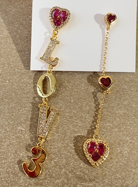 K家耳坠新年红桃心love红锆石耳坠复古奢华耳坠