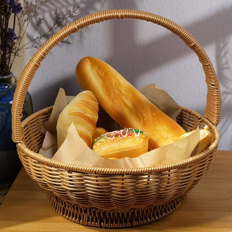 仿藤铁架高脚提篮竹编手提篮藤编篮子买菜篮子水果篮礼品提篮藤筐
