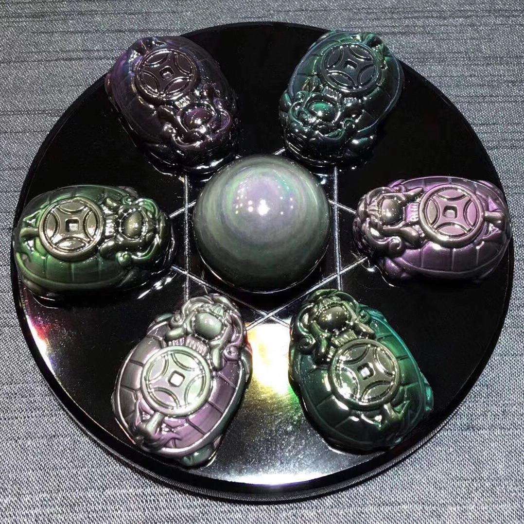 厂家天然炫彩黑曜石金钱龟貔貅七星阵摆件家居办公室风水饰品