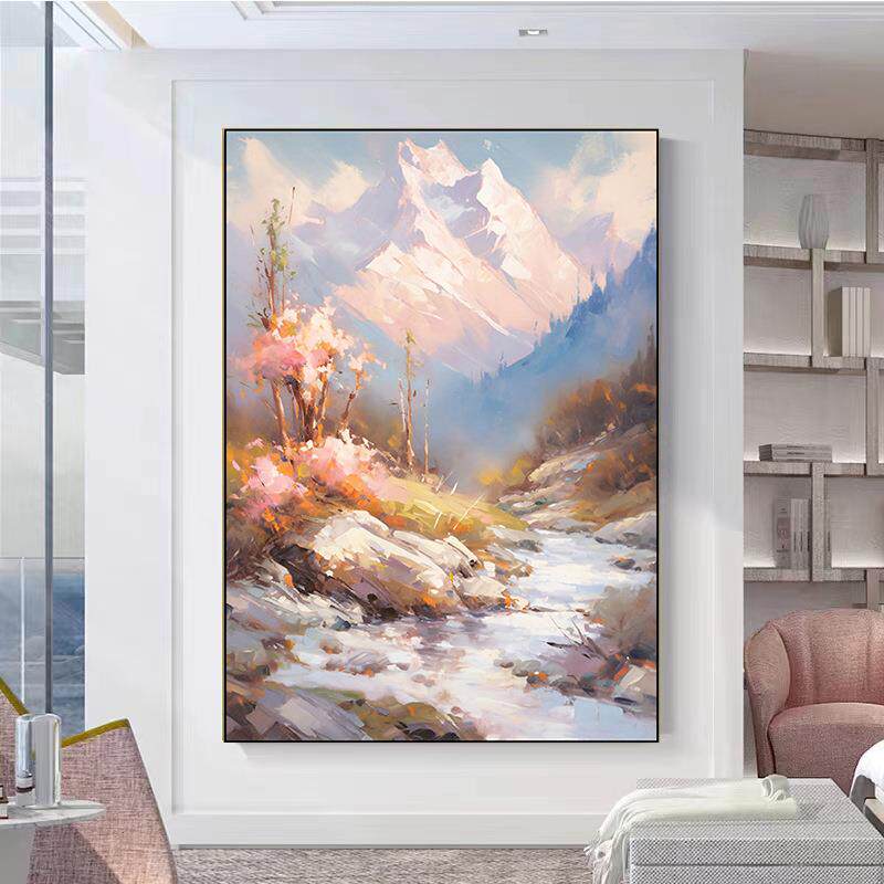 纯手绘抽象风景画中式风格挂画新古典山水装饰画客厅玄关落地油画