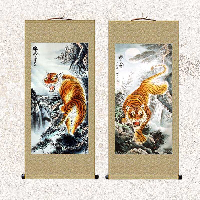 国画老虎画挂画客厅办公室招财上山虎丝绸卷轴画下山虎玄关装饰画