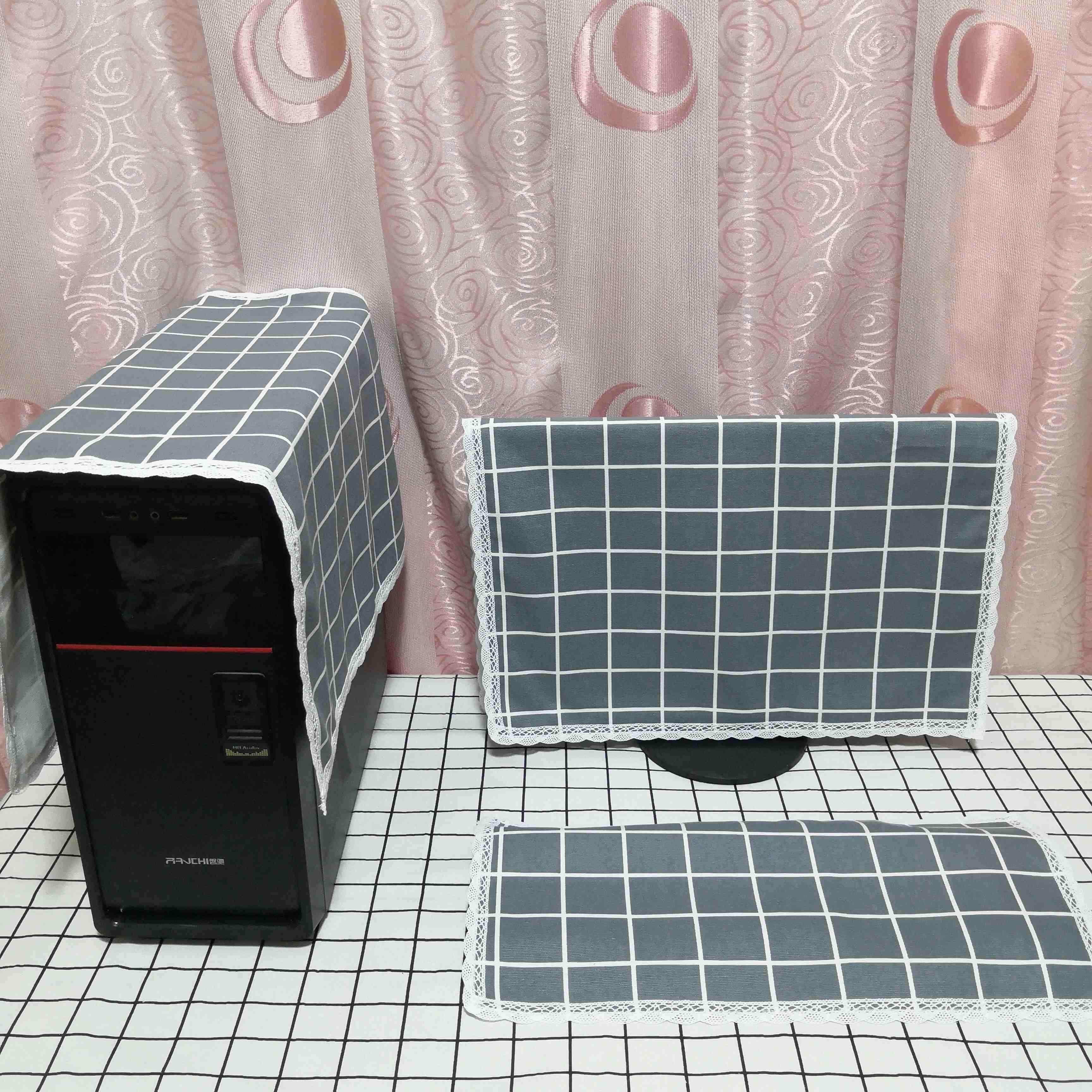 电脑防尘罩台式显示器主机箱全包保护套可爱家用田园格子键盘盖布