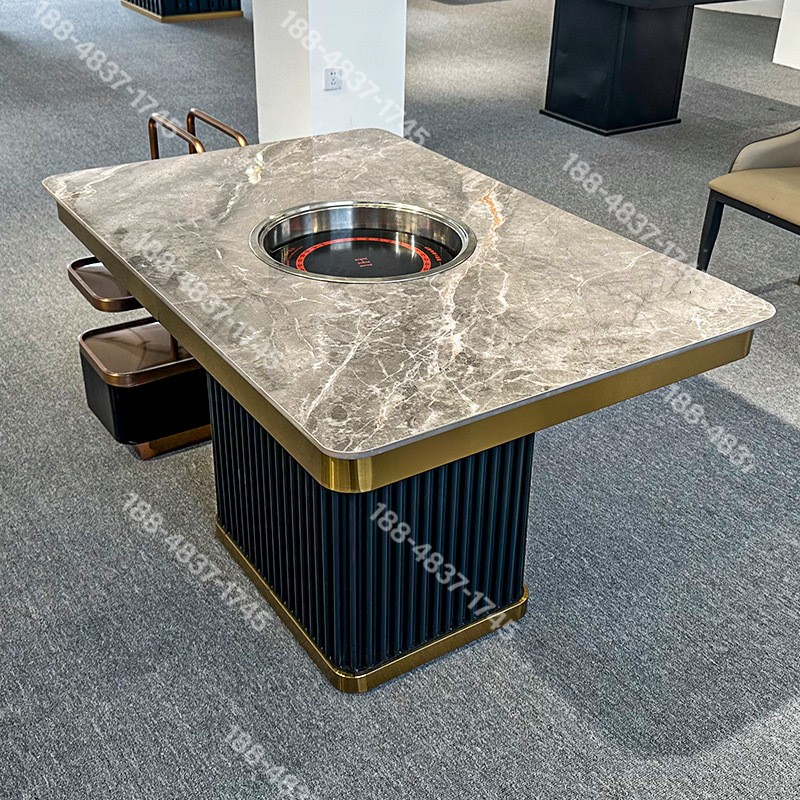 金边大理石无烟火锅桌商用岩板烤肉桌子电磁炉一体串串桌椅子组合