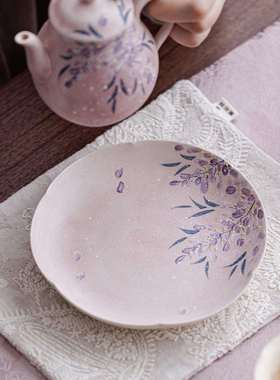 手绘堆茶茶雕雾粉紫藤形壶圆承干泡盘盘茶壶家ERY用托盘台隔热盘