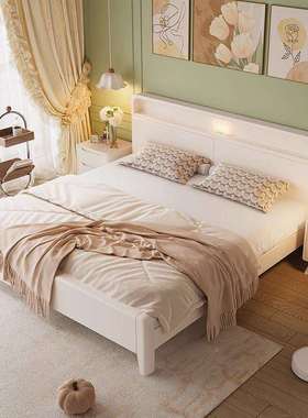 白色储物实风木床1米5单人床架女生卧室法式奶.油18米DUY收主纳公