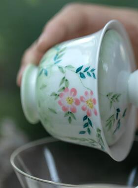 玉泥手碗21556绘凌霄花才盖陶不烫手瓷茶具二釉下彩古青文人泡茶