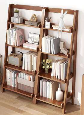 实木书架落置厅物架客大容量48289储物架复古梯形放开书柜地家用