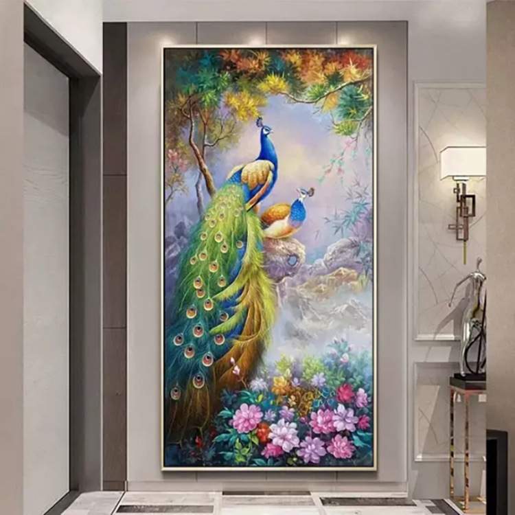 新款5D钻石画满钻客厅贴钻大幅点钻玄关竖版孔雀十字绣钻石绣
