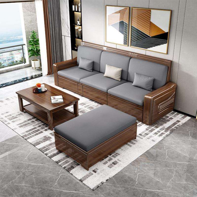 新中式胡桃木实木沙发组合约冬储两用jmH560现代简夏客厅沙发高箱