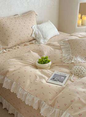 法式全双层纱花边床床盖三件套高53792温棉砂季洗夹棉绗缝防滑单