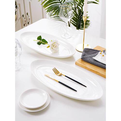 纯白骨瓷寸238餐具18英圆椭长形鱼盘家用大号蒸鱼全盘子加长鱼盘