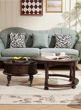 法式复古圆形实合木茶美几茶组中古风黑色几式CCB简约圆茶几