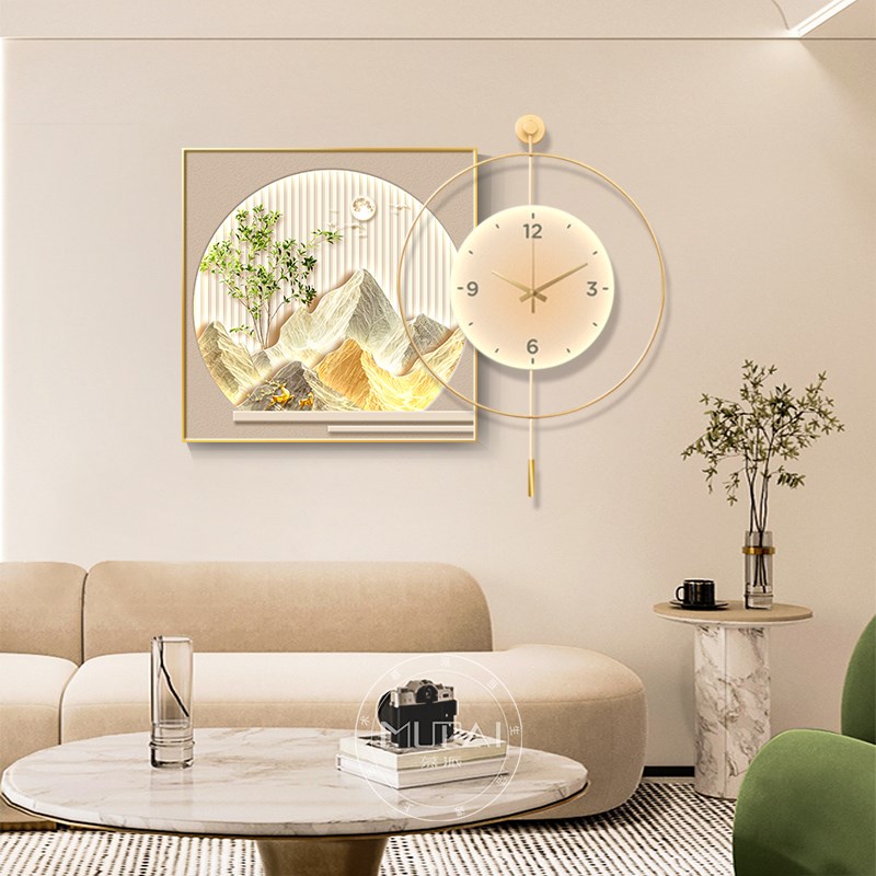 奶油风餐厅装饰画钟表挂画餐桌背景墙高级感客厅壁画挂钟灯画发光