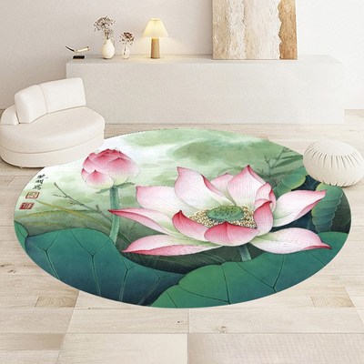 pc荷花地毯免洗可擦中式客厅圆形地垫禅舞佛堂拜蹬垫门口防滑垫