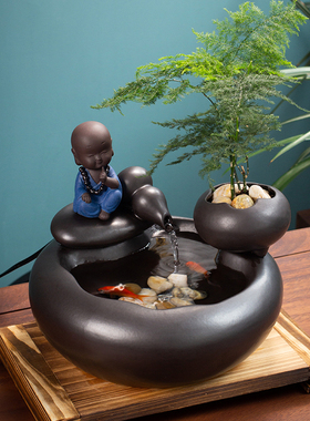 陶瓷流水器摆件灯圈桌面招财喷泉客厅办公室玄关盆栽循环水景鱼缸