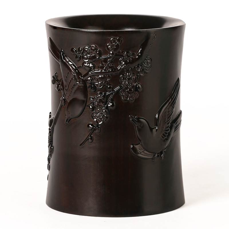 红木浮雕刻笔筒工艺品摆饰木雕刻实木黑檀木质喜上眉梢办公室笔筒