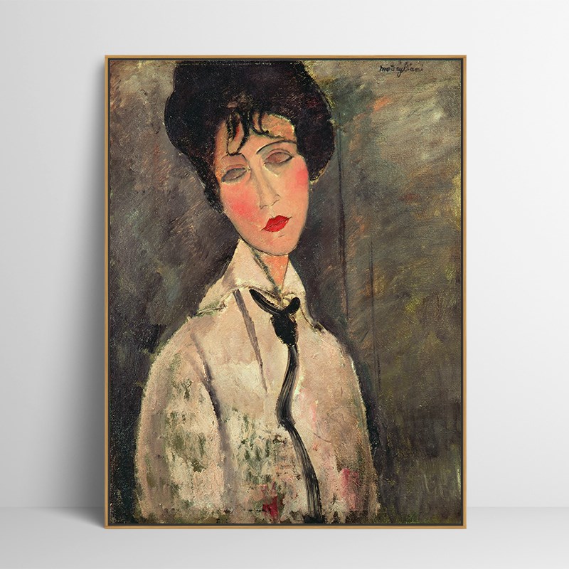 系黑领带的女人 莫迪里阿尼喷绘仿制油画人物挂画客厅玄关装饰画