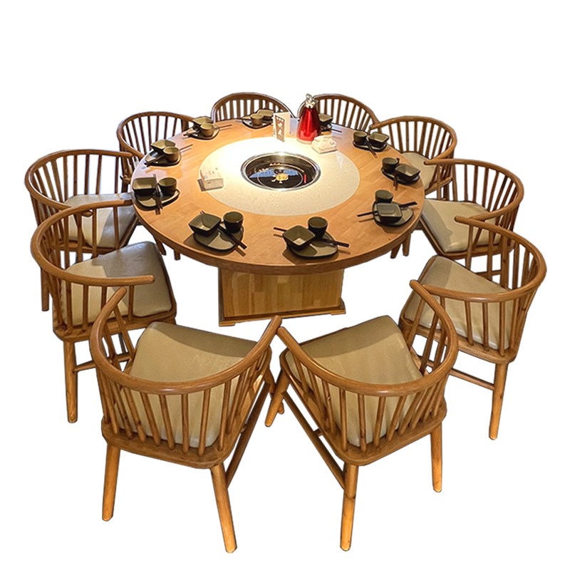 火锅店圆桌大理石岩板火锅桌子电磁炉一体商用实木餐桌椅烤肉桌