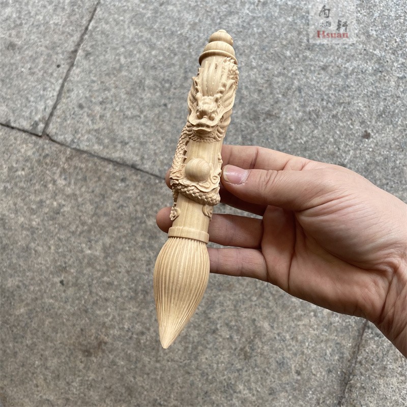 小叶黄杨木雕单龙戏珠文昌笔摆件实木雕刻挂件工艺品客厅书房装饰