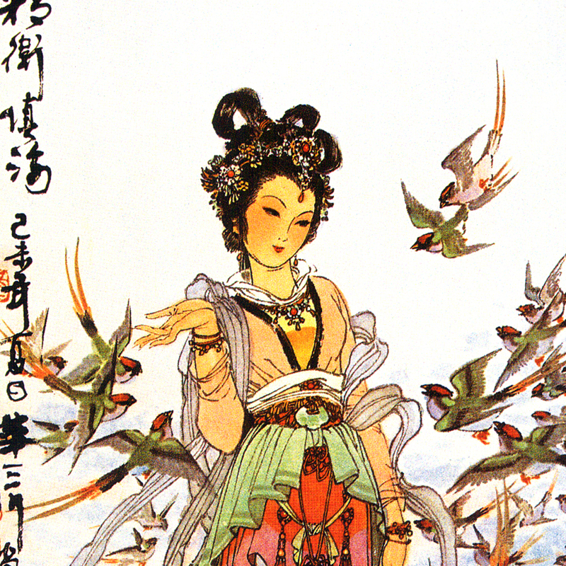 精卫填海卷轴画华三川人物百美图画像挂画中式复古客厅玄关装饰画