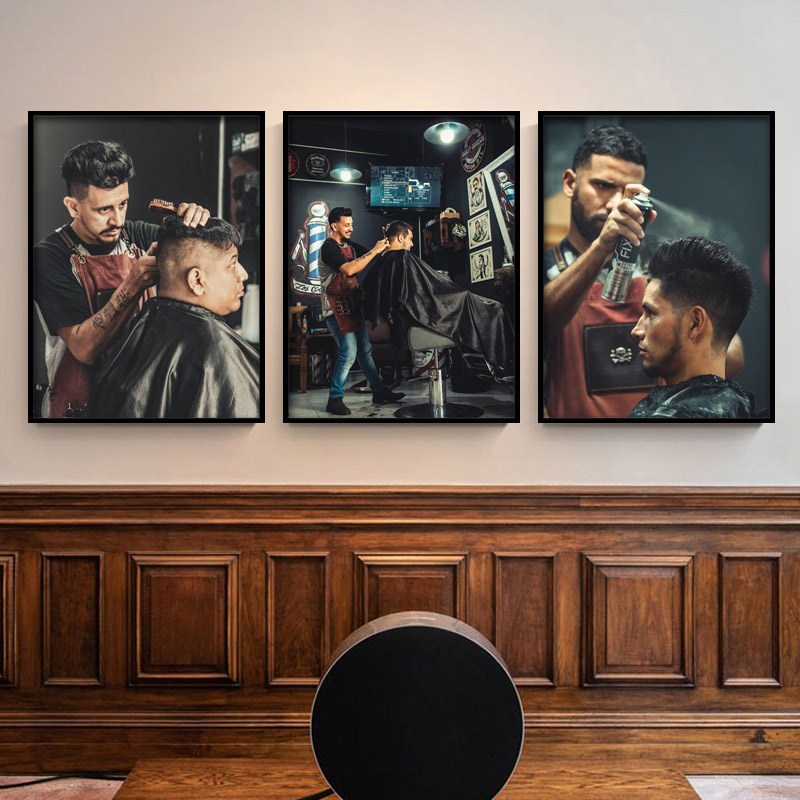 美发店染烫复古发型装饰画理发店相框挂画发廊背景墙油头造型壁画图片