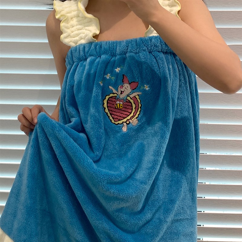 刺绣小猪柔软珊瑚绒吊带浴裙女家用爱浴袍穿式浴巾女士不掉毛