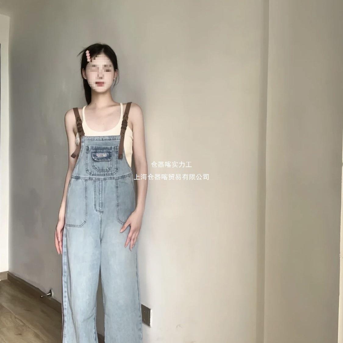 复古水洗百搭牛仔背带裤女夏季新款小个子可爱宽松显瘦阔腿直筒裤