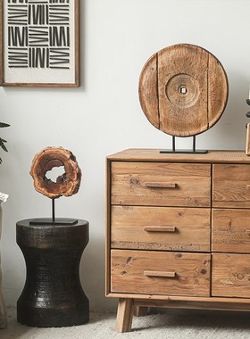 晚风老榆木铁脚客厅玄关装饰实木圆形侘寂风复古做旧民宿艺术