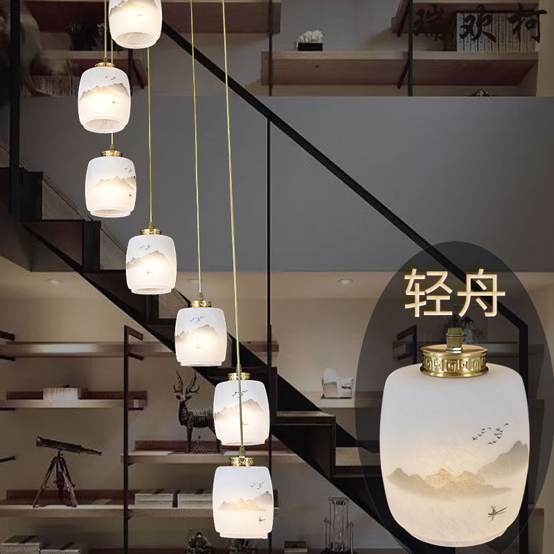 峰回路转 铜本色新中式楼梯吊灯 C旋转复式楼梯灯简约现代别墅可