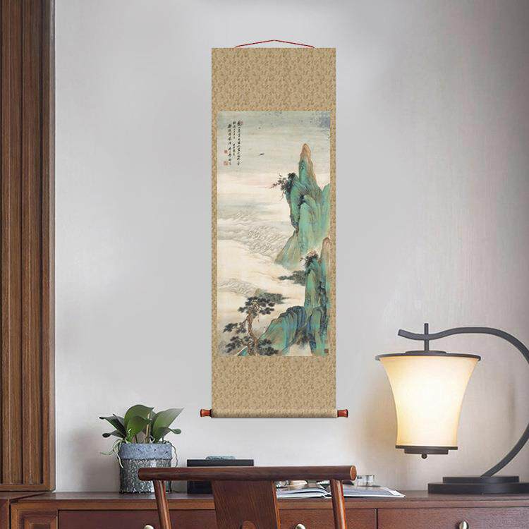 祁昆金碧青绿山水轴条幅卷轴山水画名画复制品书房中式装饰玄关画