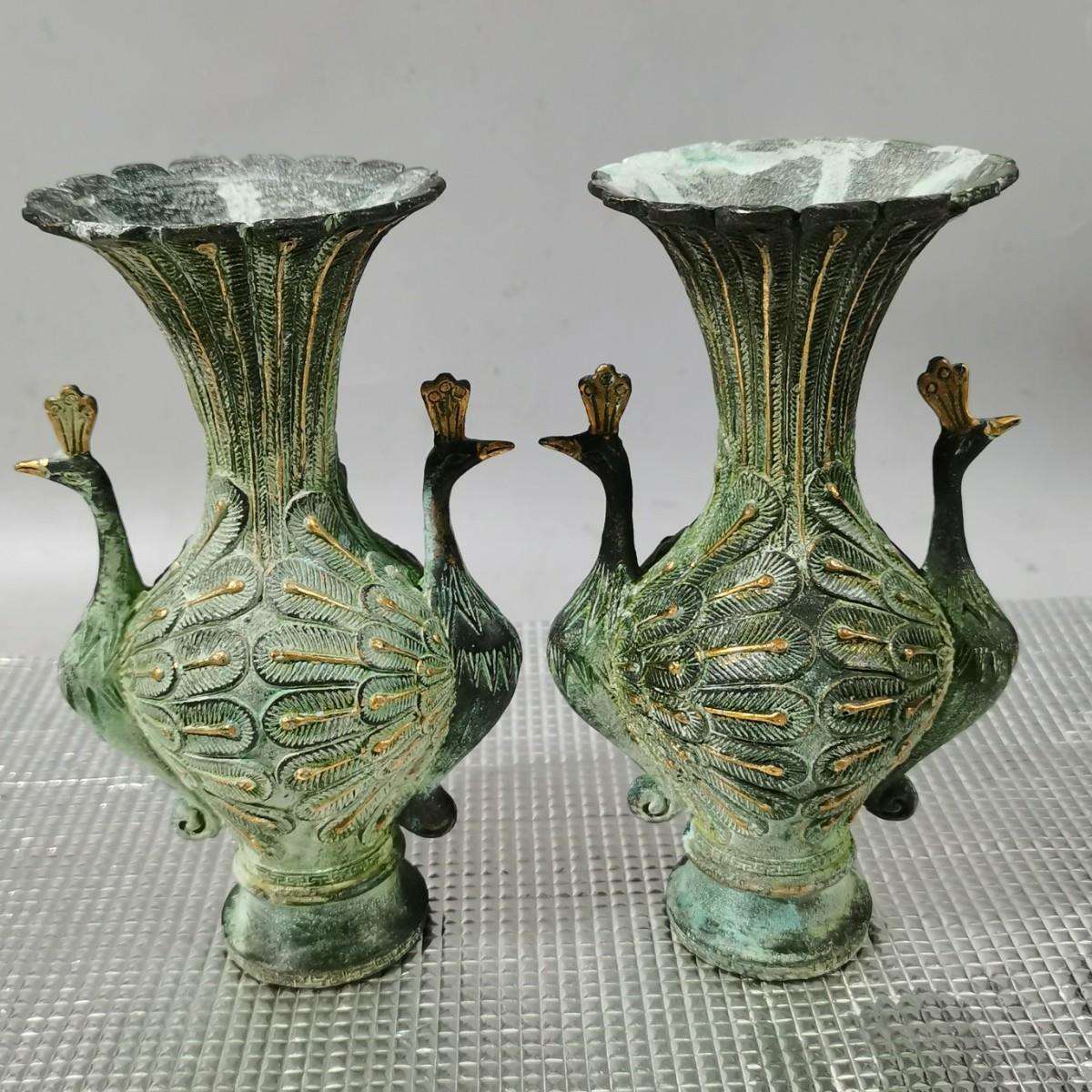 古玩杂项仿古做旧青铜双凤花瓶一对家居办公工艺品拍1发1个