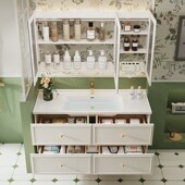 轻法式 智能浴室柜陶瓷一体洗手盆奶油风洗漱台洗脸盆柜