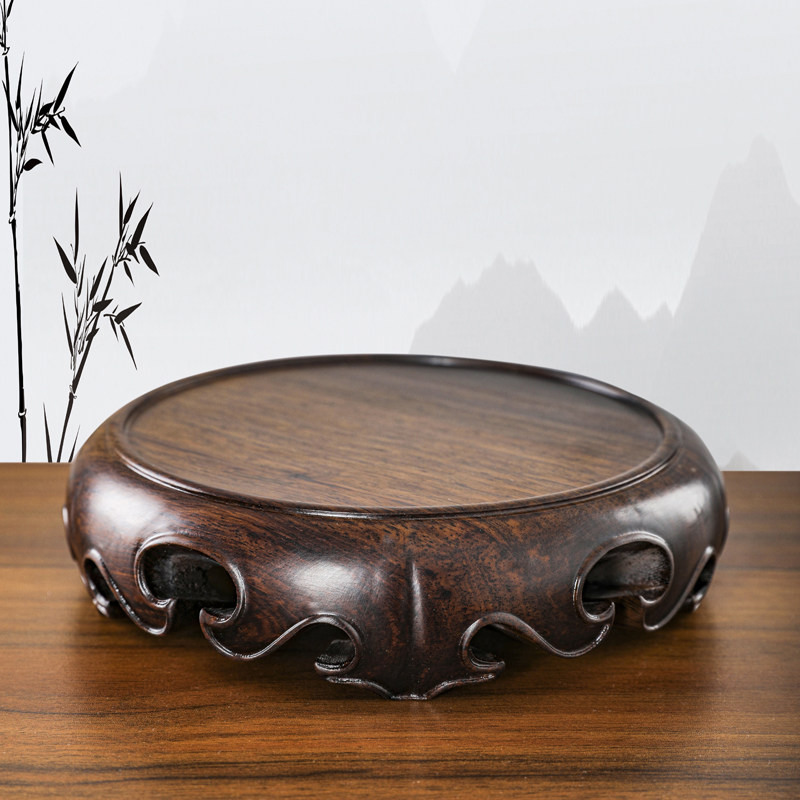 黑檀木整料雕刻圆形底座瓶鱼缸紫砂壶陶瓷古董实木底