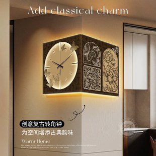 中古风客厅背景墙转角时钟装饰画面阳角拐角挂钟带钟表法式壁画