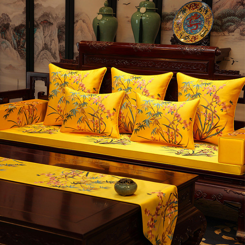 新红木沙发垫绸缎布艺绣垫子乳胶垫实木防滑坐垫