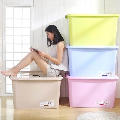 55L大号58x45x35cm透明有盖塑料加厚滑轮储物整理收纳周转胶箱子