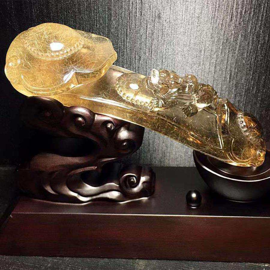 天然水晶金发晶顺发如意貔貅 水晶发晶原石雕刻如意摆件