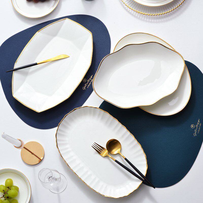 金边装鱼盘子长型深鱼盘家用12英寸蒸鱼盘欧式大号餐厅椭圆形鱼盘