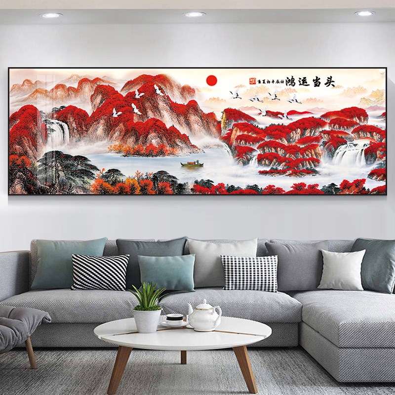 客厅装饰画沙发背景墙画壁画中式复古画晶瓷办公室挂画墙壁山水画图片