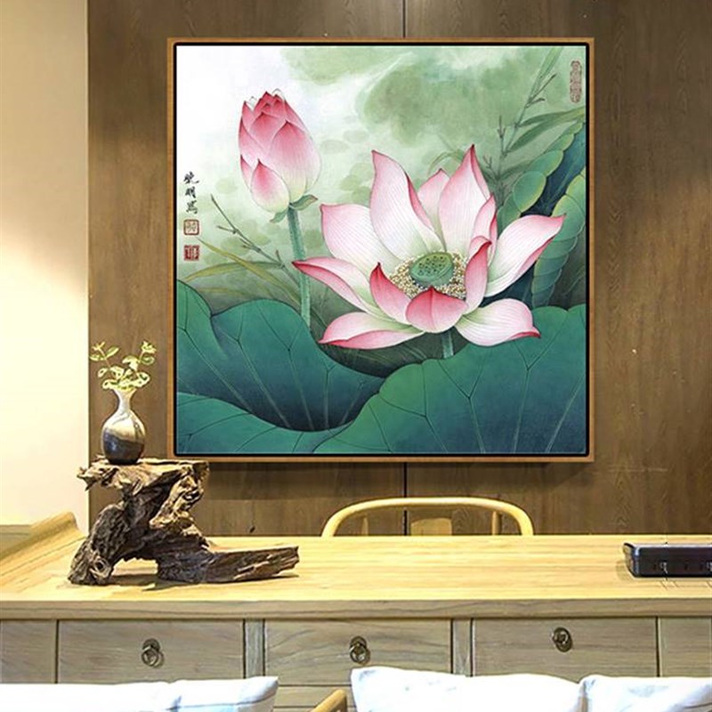 荷花装饰画正方形中式卧室挂画客B厅玄关莲花鲤鱼图厕所卫生间壁图片