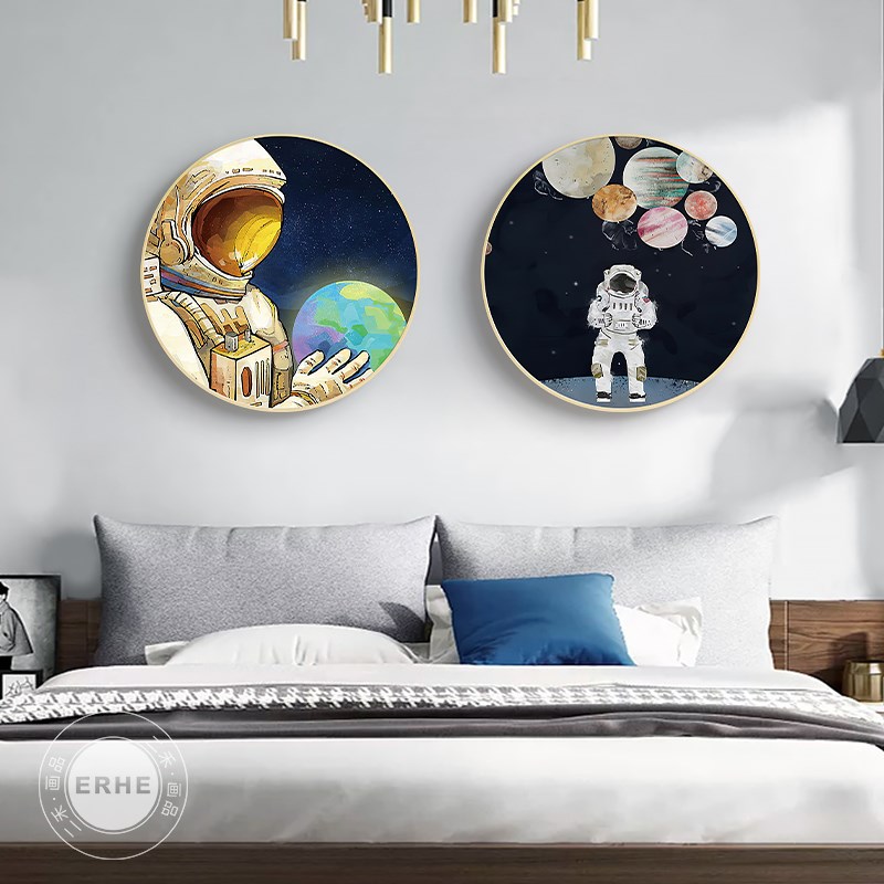 太空人儿童房男孩简约挂画卡通装饰画宇航员圆形画卧室床头墙壁画图片