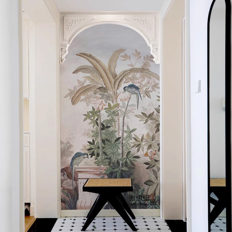 欧法式油画宫廷热带雨林卧室沙发电视背景墙布壁纸复中古玄关定制