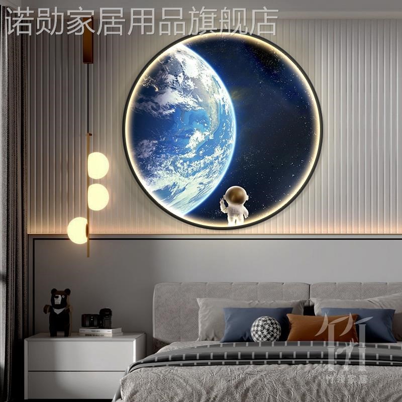 新款卧室床头装饰画月球壁灯圆形氛围画儿童卡通装饰壁挂高档发光图片