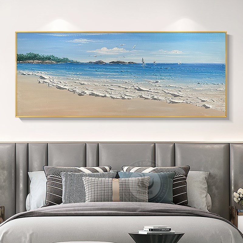 现代简约卧室床头装饰画肌理蓝色海景风景手绘油画客厅背景墙挂画图片