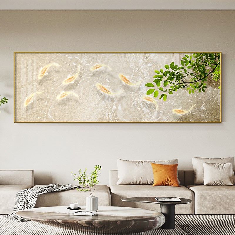 装饰画带灯绿植床头奶油客厅风九鱼壁画背景墙卧室挂画法式沙发图图片
