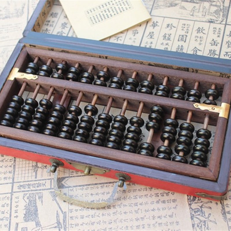 仿古档榉木黑珠算盘配龙凤图案木盒复古礼品怀旧算盘皮盒礼品