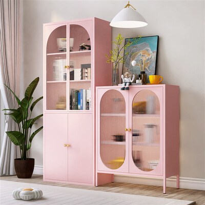 玻璃门书柜奶油风防尘书架铁艺置物柜客厅立柜落地展示柜