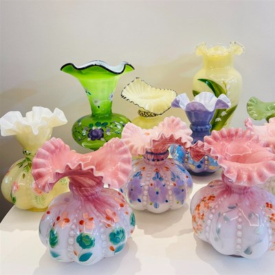 真手绘芬顿风格瓶人工吹制玻璃非机器压印田园复古软装饰品