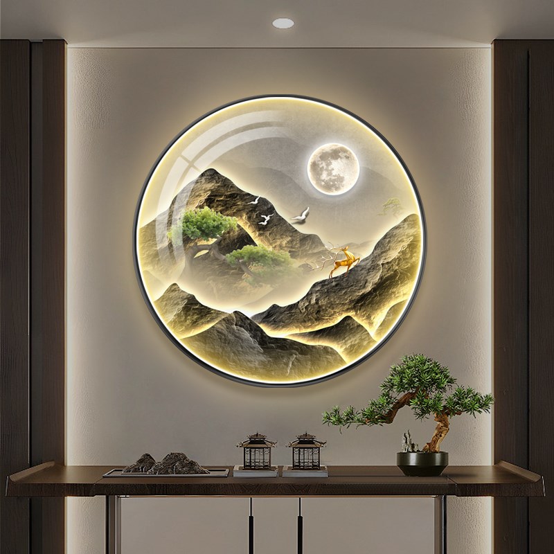 现代轻奢入户玄关装饰画流水生财走廊过道壁画圆形山水发光灯挂画图片
