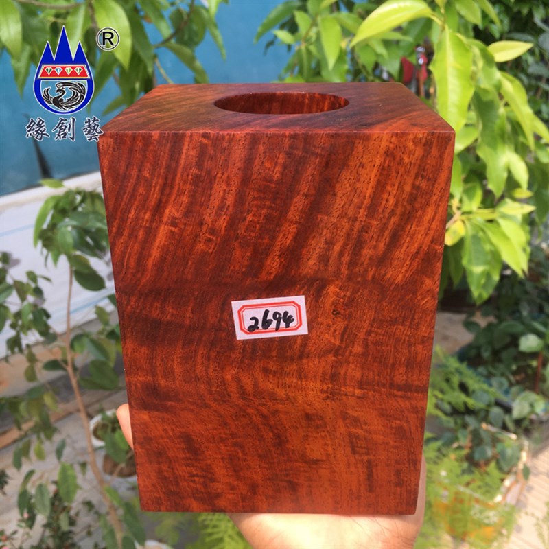 红木方型笔筒实木质一物一图缅甸花梨笔插天然整木笔罐工艺品摆饰